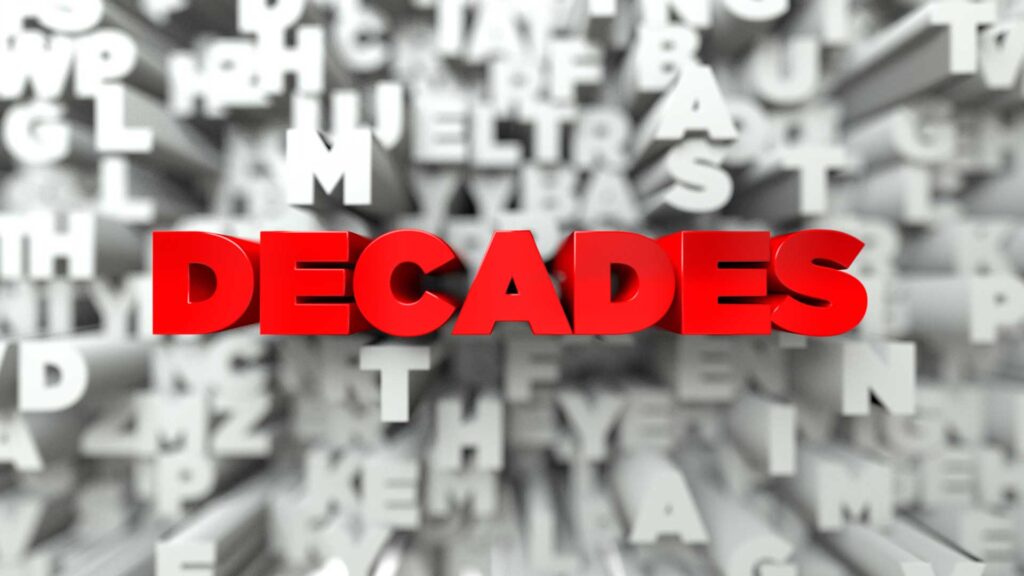 Image with the word DECADES in red with letters floating around