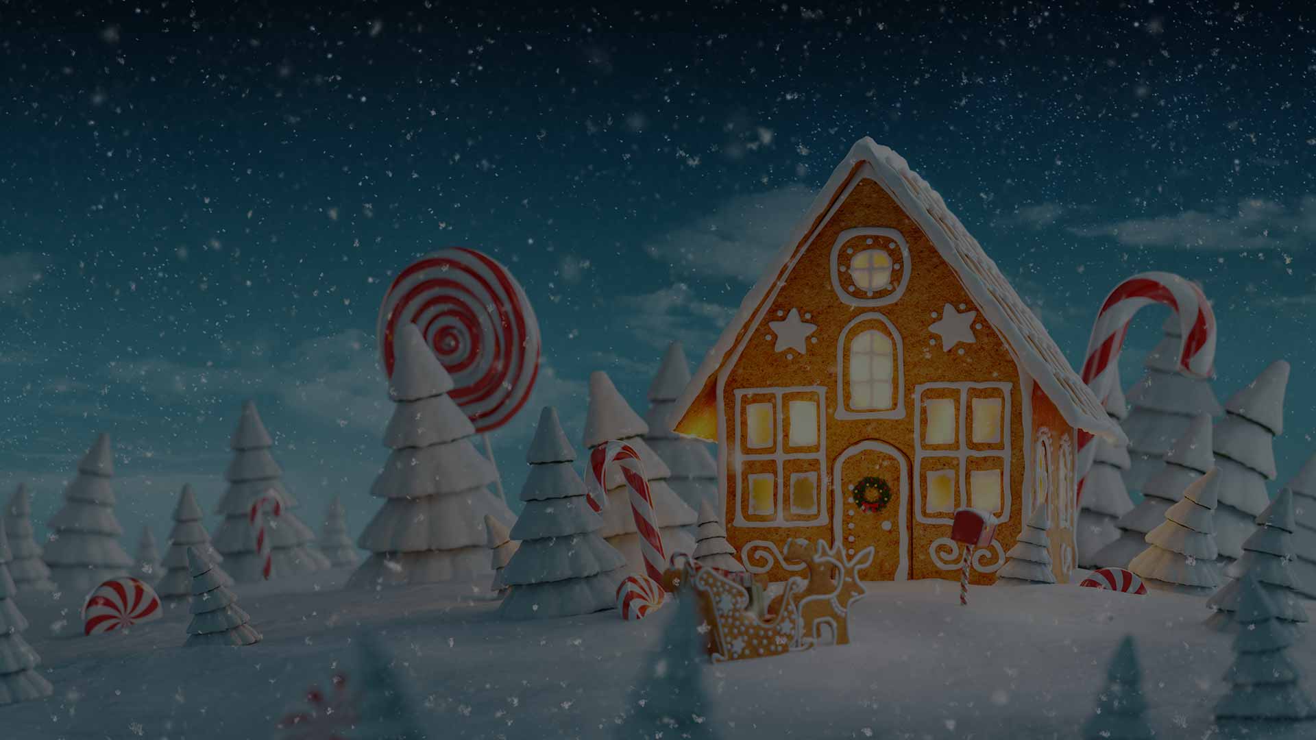 image of gingerbread house, candy canes and winter scenery