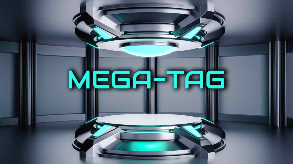 Futuristic grey and blue design with the words MEGA-TAG in the middle
