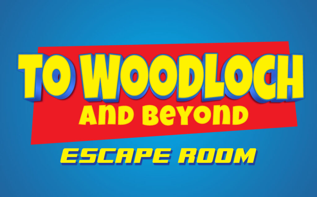 Escape Room Logo. Blue with red shape and yellow text