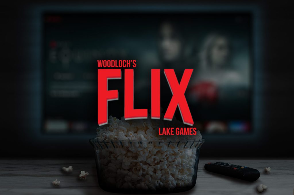 blurred image of popcorn in front of TV screen. Flix spelled out on top