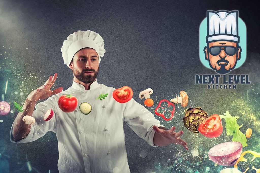 Image of chef with floating ingredients and logo